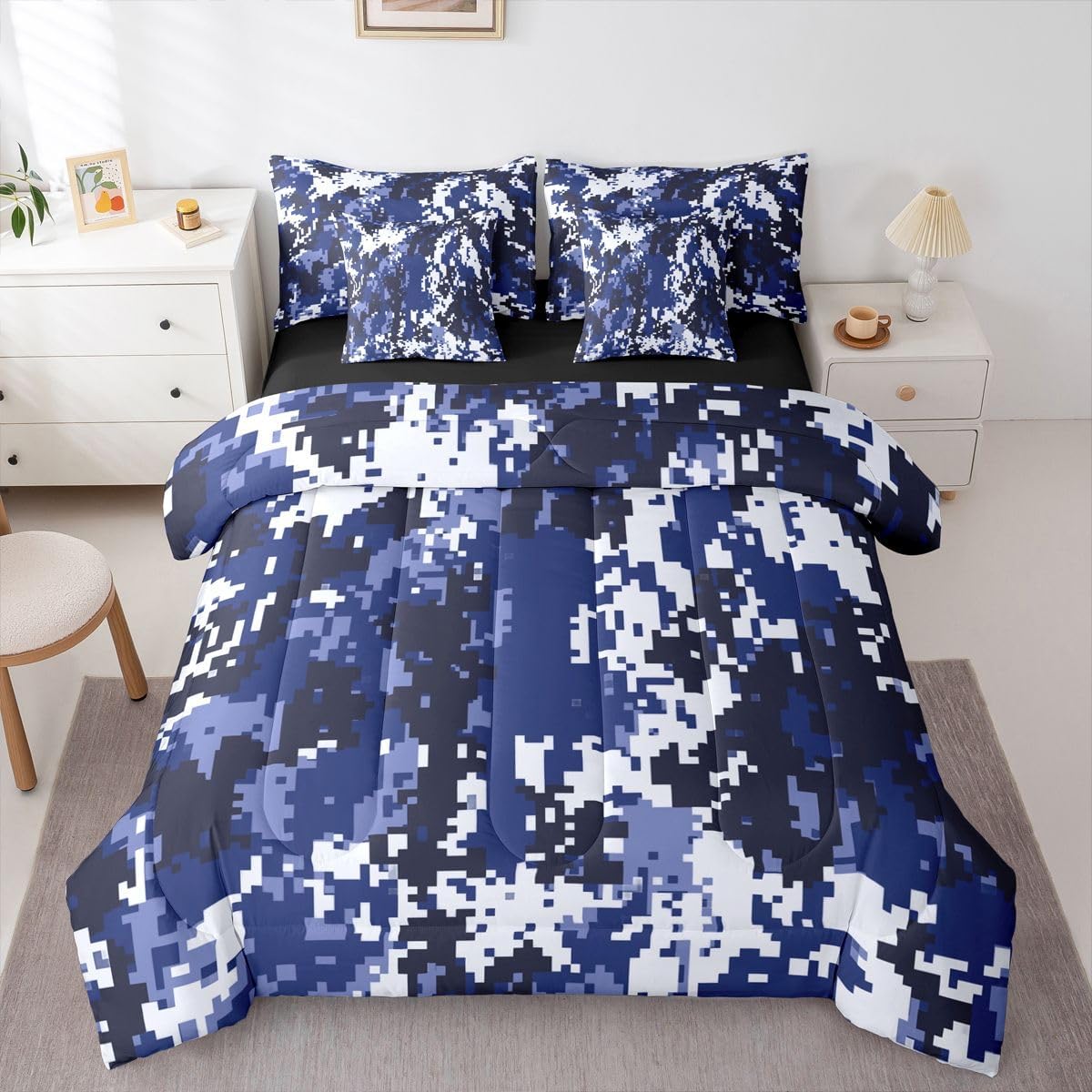 Camo Comforter Set with Sheets 7 Piece Full Size Farmhouse Bed in a Bag Kids Boys Girls Cabin or Rustic Lodge Bedding Set Woods Camouflage Bedroom Decor Navy Blue Breathable Soft Lightweight