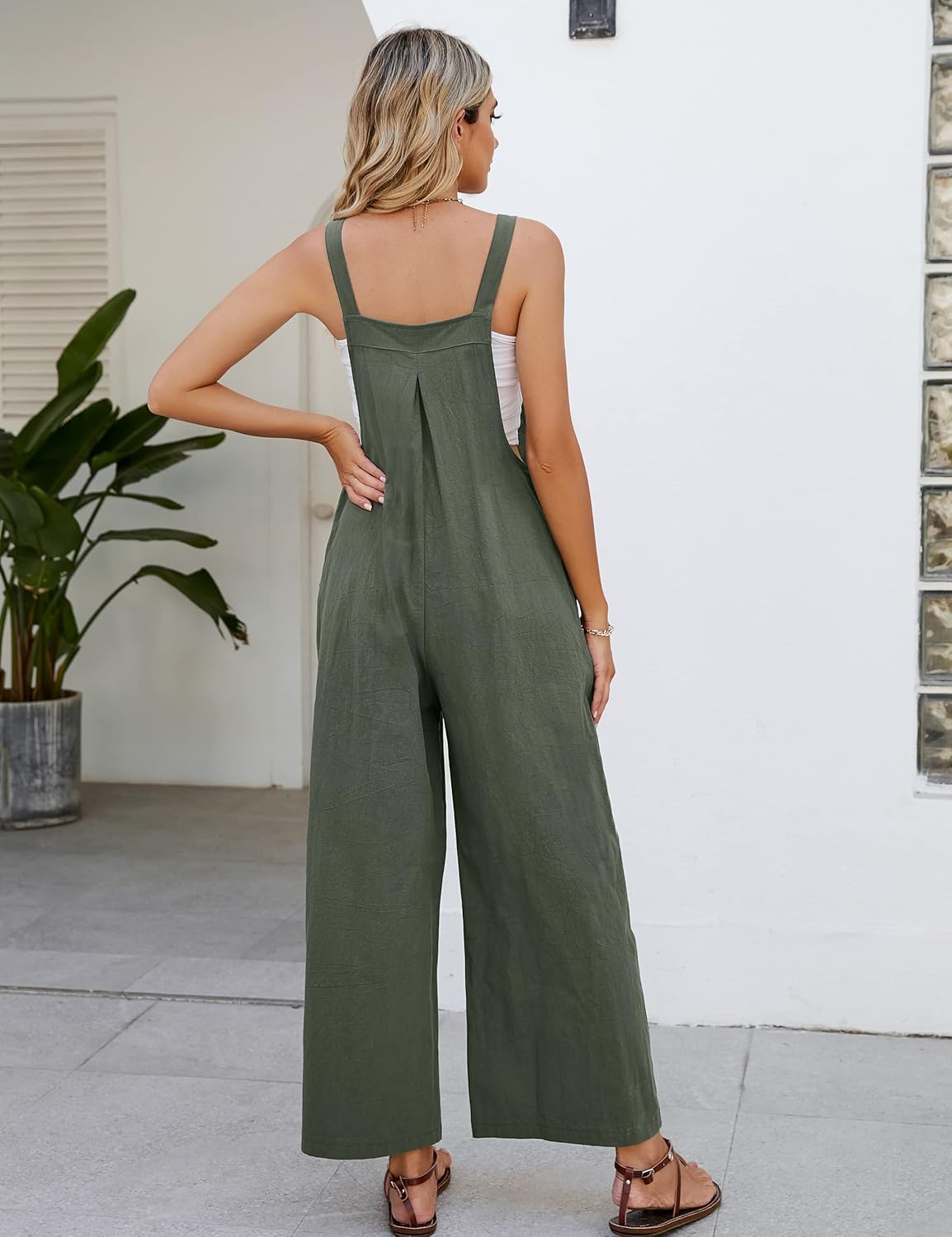 Flygo Women's Cotton Bib Overalls Loose Fit Wide Leg Jumpsuits Casual Rompers with Pockets