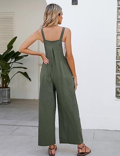 Miniatura 4 de Flygo Overol con pechera de algodón para mujer, ajuste holgado, pierna ancha, overol casual con bolsillos