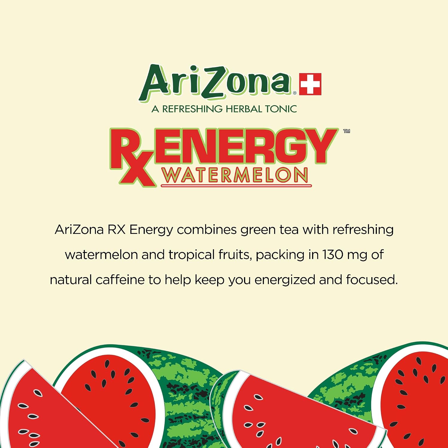 AriZona Rx Energy Watermelon, Herbal Tonic Drink with Green Tea and Citrus, 130mg Caffeine per Container - Big Can, 22 Fl Oz (Pack of 12)