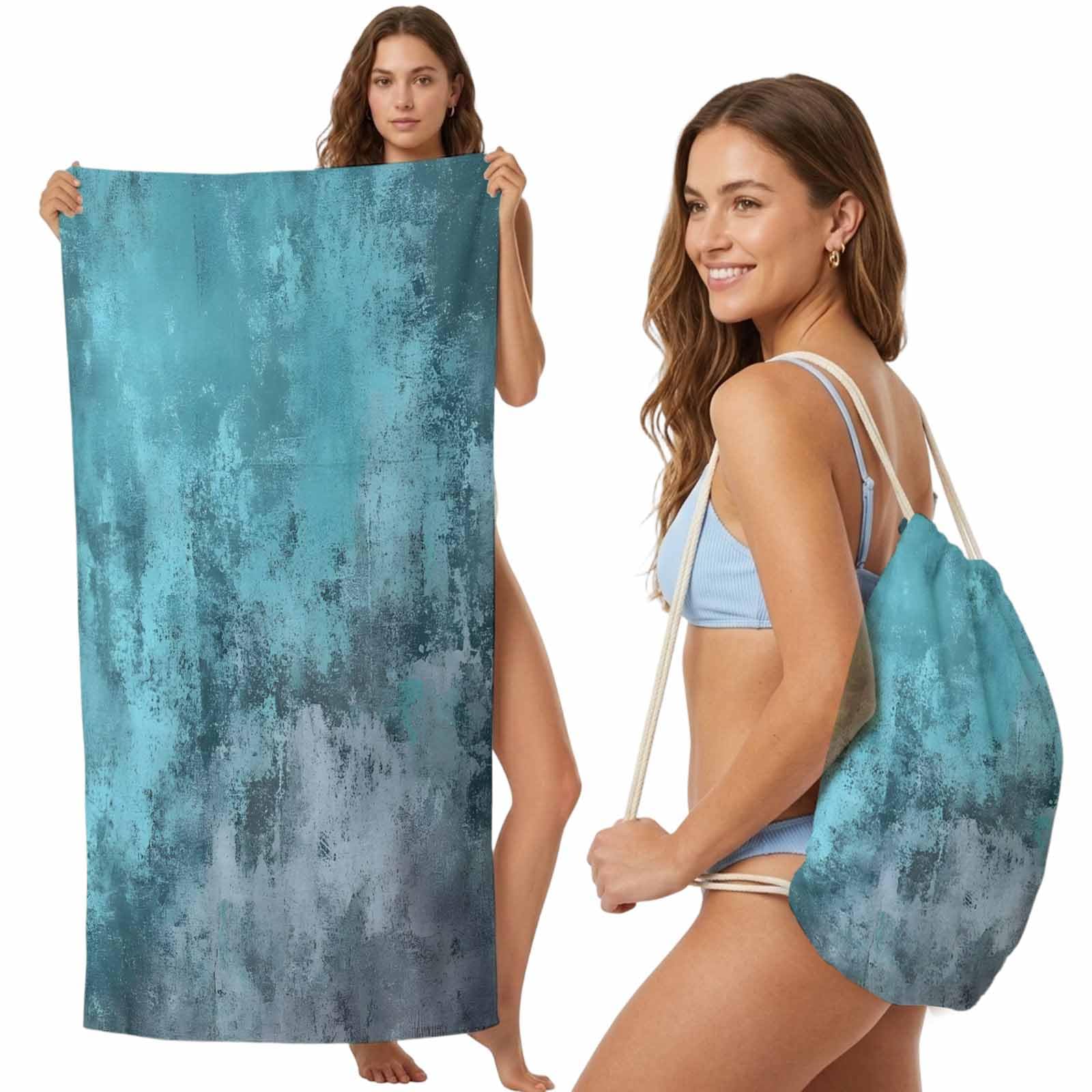 FWJZDSP Beach Towel Backpack Convertible Teal Blue Sand Free Quick Dry Towel Bag Ombre Modern Abstract Beach Towel with Adjustable Straps for Travel Swimming Pool Beach Accessories 31.5x63in