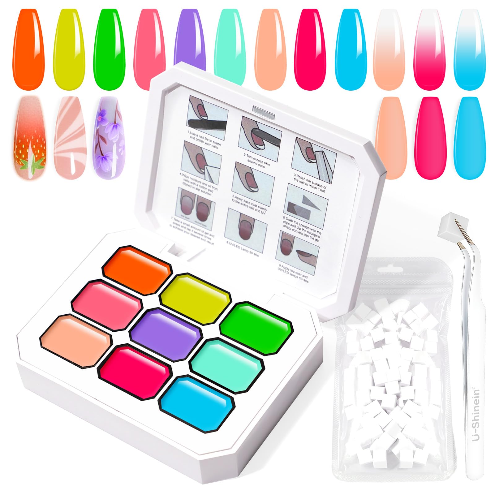U-Shinein Gradient Painting Gel, 9 Colors Ombre Gel Nail Polish with 100Pcs Nail Sponges & 4 Claws Metal Grabber for French Manicure DIY Nail Art,Set O