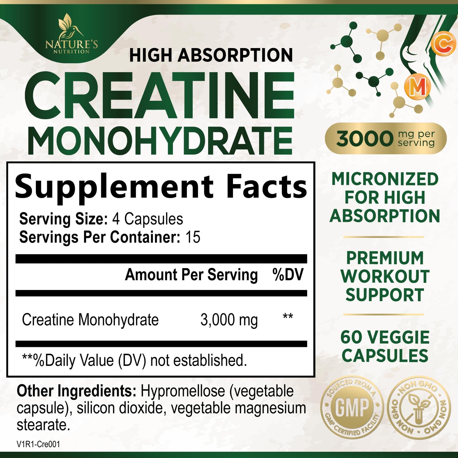 Creatine Monohydrate 3000mg Per Serving – Micronized Creatine Powder Capsules - Supports Lean Muscle, Strength, Energy, & Endurance - Nature's Supplement, Non-GMO, Bottled in USA - 60 Capsules — Amazon image 2