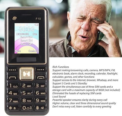 Miniatura 6 de Teléfono celular F10 2G, botón grande para teléfono celular 2G, 3 tarjetas, 3 tarjetas de estructura robusta en espera, fuentes grandes para la vida