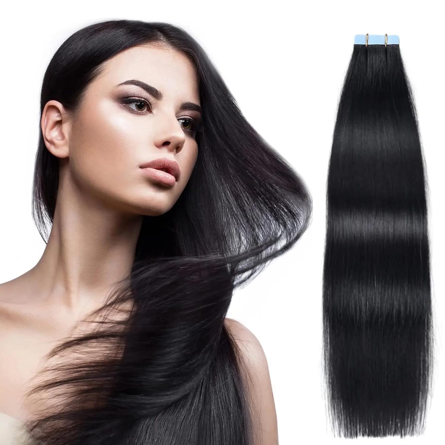Tape in Hair Extensions Human Hair Black Straight 20 Pcs/Pack 40g Tape in Extensions for Women (#1B Natural Black, 18 inch)