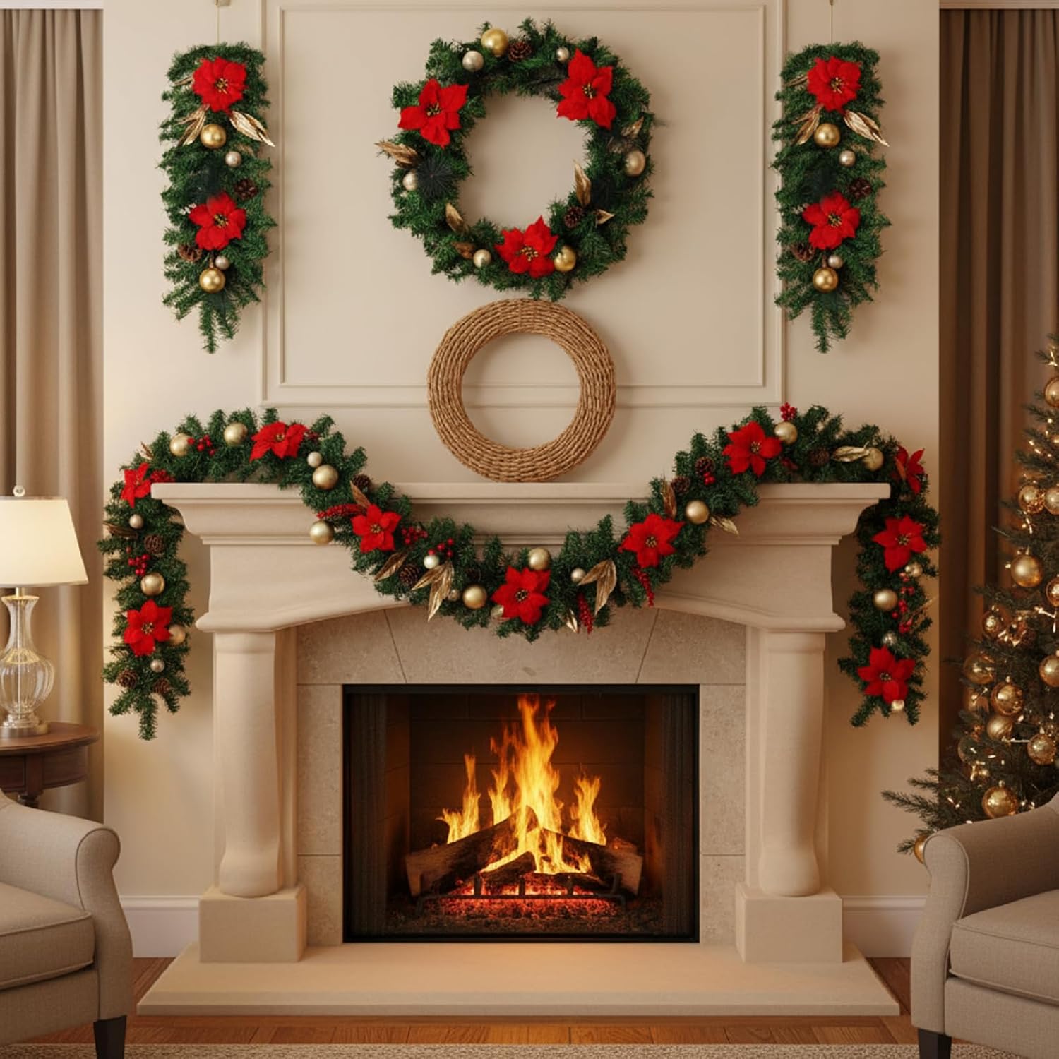 Jenaai 4 Pack Artificial Christmas Garland Wreath and Teardrop Swag Sets Lighted Artificial Xmas Decoration with Pine Cone Poinsettia Berries Gold Ball for Front Door Fireplace Window Indoor Outdoor