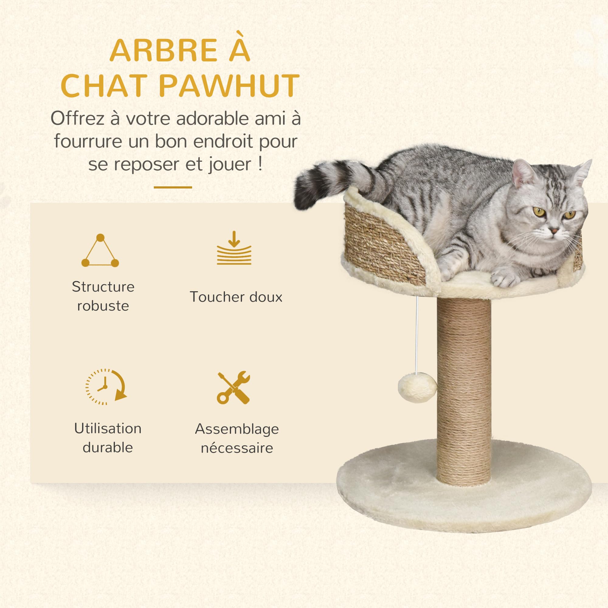 PawHut Arbre à Chat Arbre à Grimper grattoir Design Jeu Pompon Suspendu + Plateforme Peluche - 40 x 40 x 49 cm - Jute café