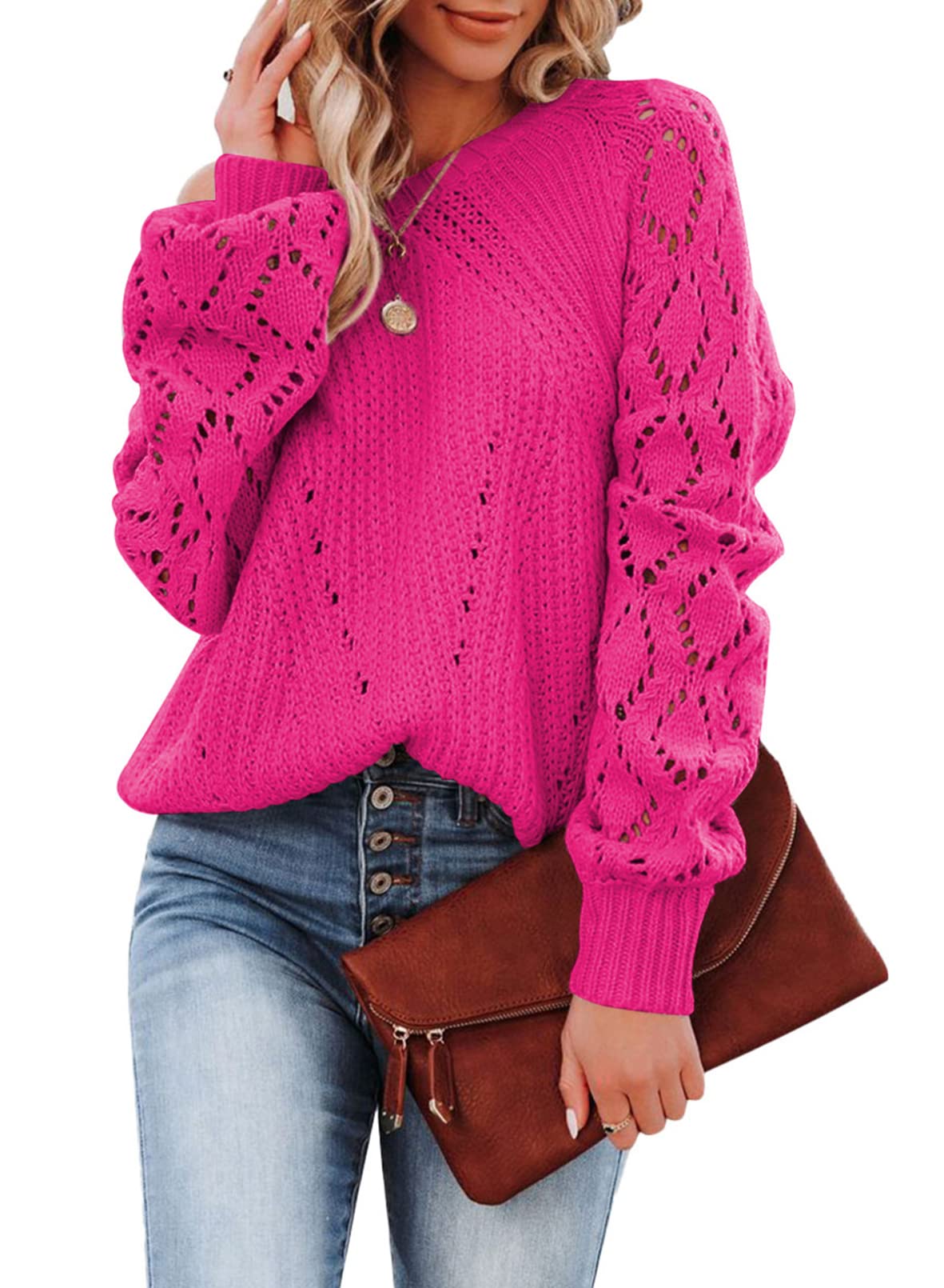 Dokotoo Damen Strickpullover Elegant Rundhals Pullover Langarm Grobstrick Pulli Herbst Winter Einfarbig Oberteile Tops S-XXL