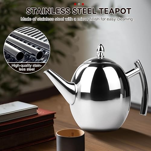 Miniatura 2 de Jadeshay Hervidor de té, tetera grande de acero inoxidable de 1 litro con filtro extraíble para el hogar, hotel, cafetería, bar, restaurante