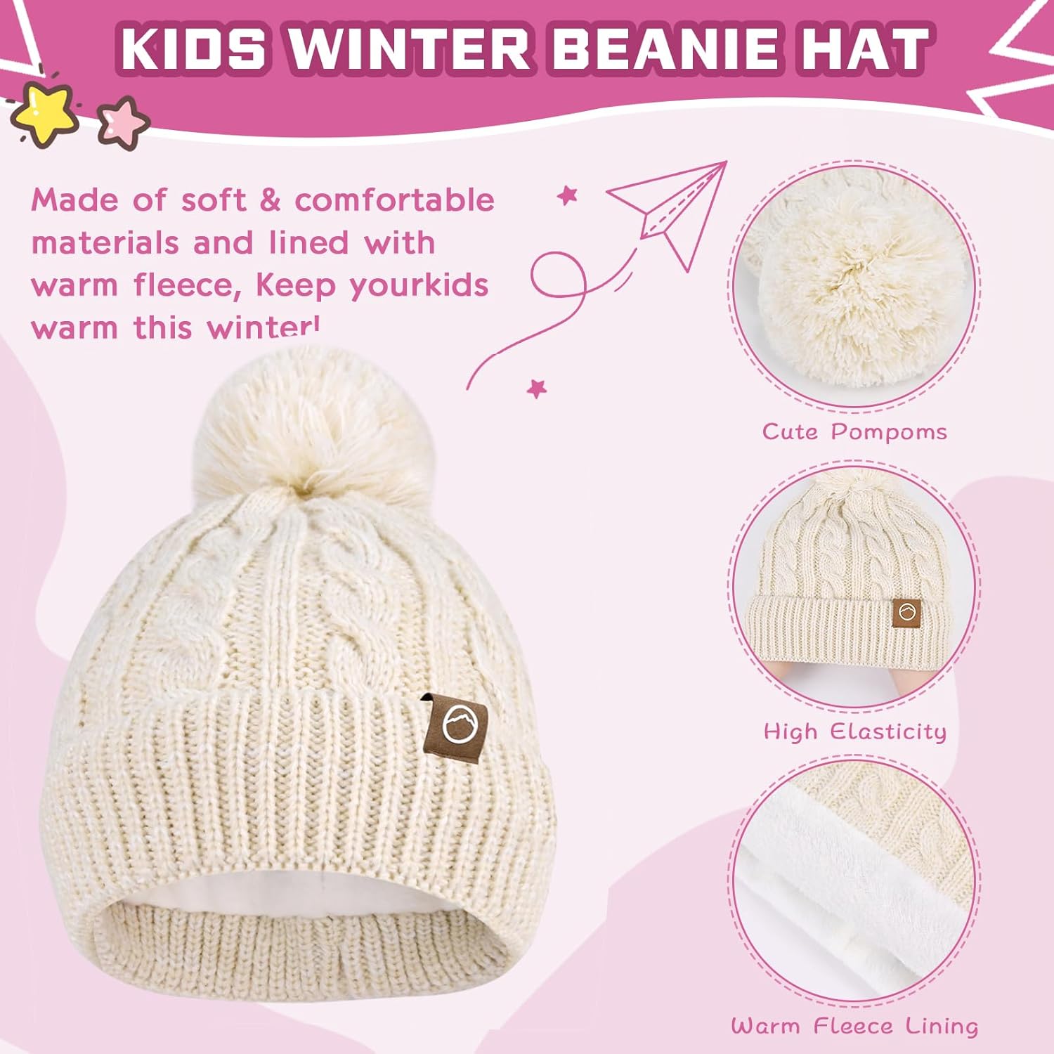 ZOORON Kids Winter Hat Gloves Scarf Set, Girls Boys Hats Beanie with Pom Children Knit Neck Warmer Mittens Fleece Lined Set - Image 2