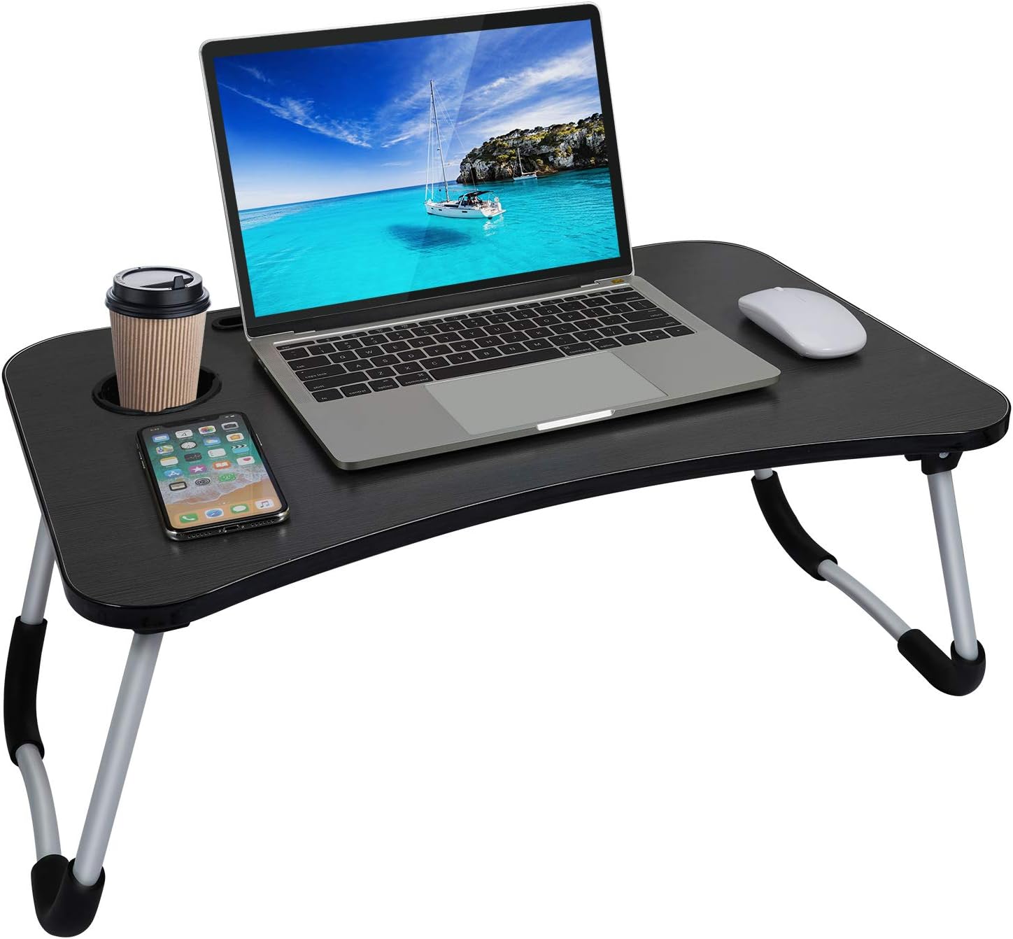 Laptop Desk, Laptop Bed Tray, Foldable Laptop Stand, Small Dormitory Table, Breakfast Serving Bed Tray, Notebook Table with Tablet Slots and Cup Holder, Perfect for Watching Movie on Bed (Black)