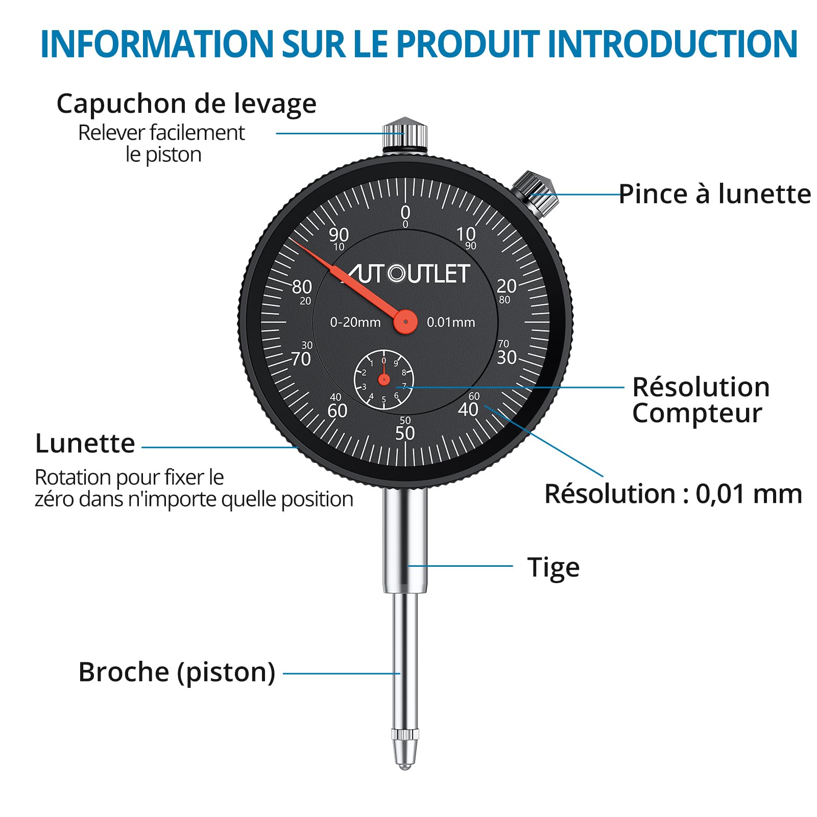 AUTOUTLET Comparateur et pied magnétique avec serrage central de 25 cm, force de traction maximale de 60 kg, plage de mesure de 0 à 20 mm, bouton de mesure, trépied magnétique, support de comparateur