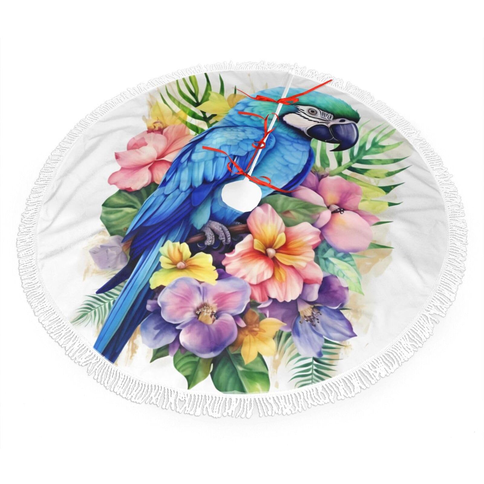 Blue Parrot in Flowers Christmas Tree Skirt 48", Soft Plush Xmas Tree Carpet with Tassel Christmas Ornaments Winter Holiday Tree Mat Decoration for Home Party Supplies