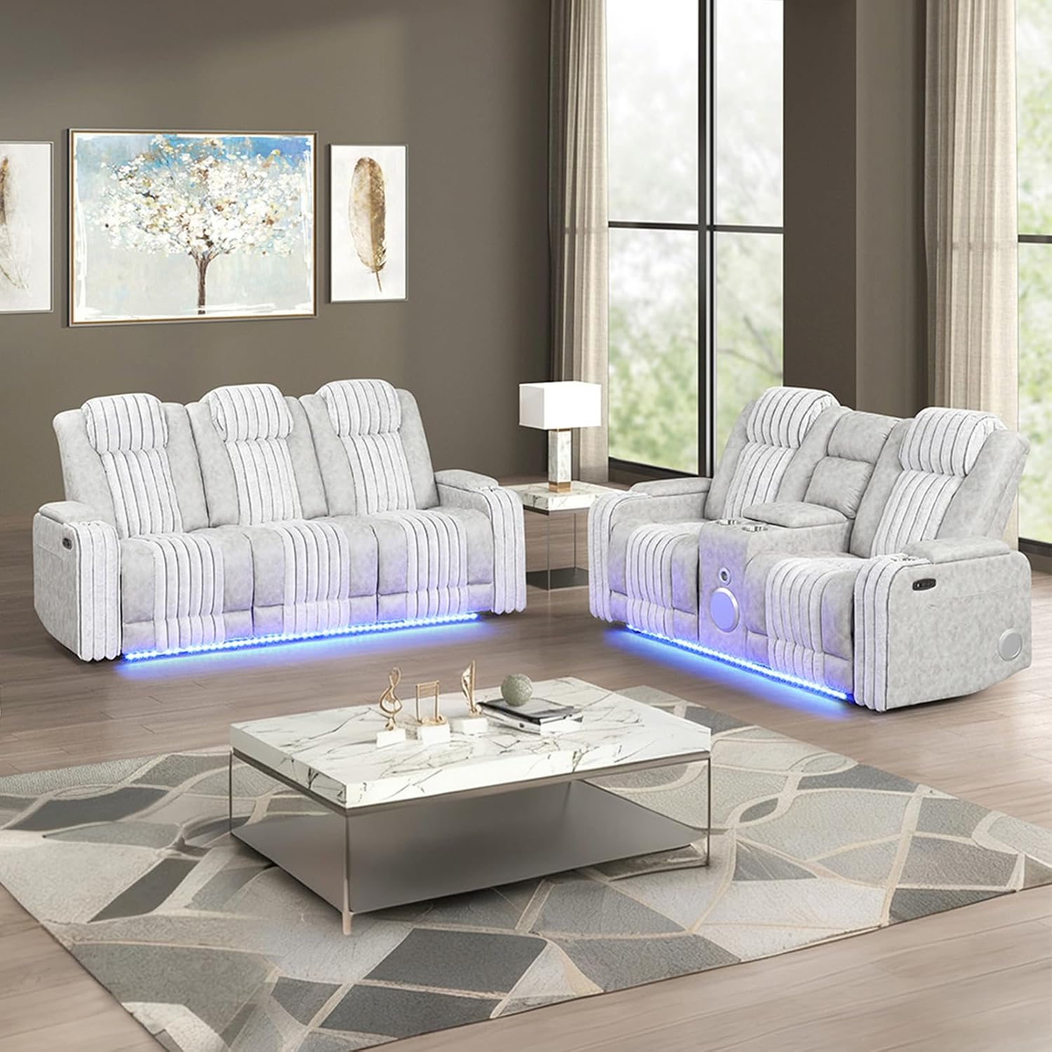 Reclining Couch and Loveseat Set, Power Reclining Sofa with LED Lights, Power Headrest & Storage Console, Cup Holder, Drop-Down Table, Bluetooth Speaker for Living Room, Home Theater (2PCS, Grey) | Power Reclining, LED Lights