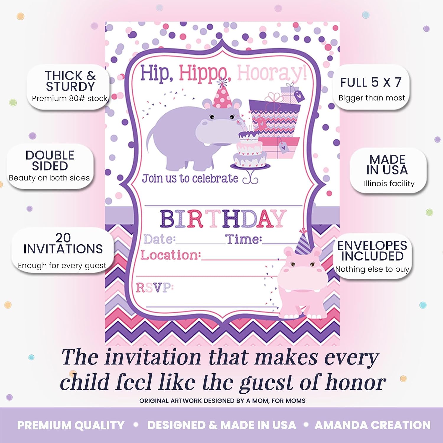 Hip Hippo Hooray Hippopotamus Themed Birthday Party Invitations for Girls, 20 5x7 Fill In Cards with Twenty White Envelopes by AmandaCreation