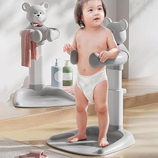 Baby Shower Stand, Adjustable Height Infant Bath Standing Support with Anti-Slip Base, Portable Bath Helper, Hug Tower Bath Shower Support for Infants & Toddlers Grey