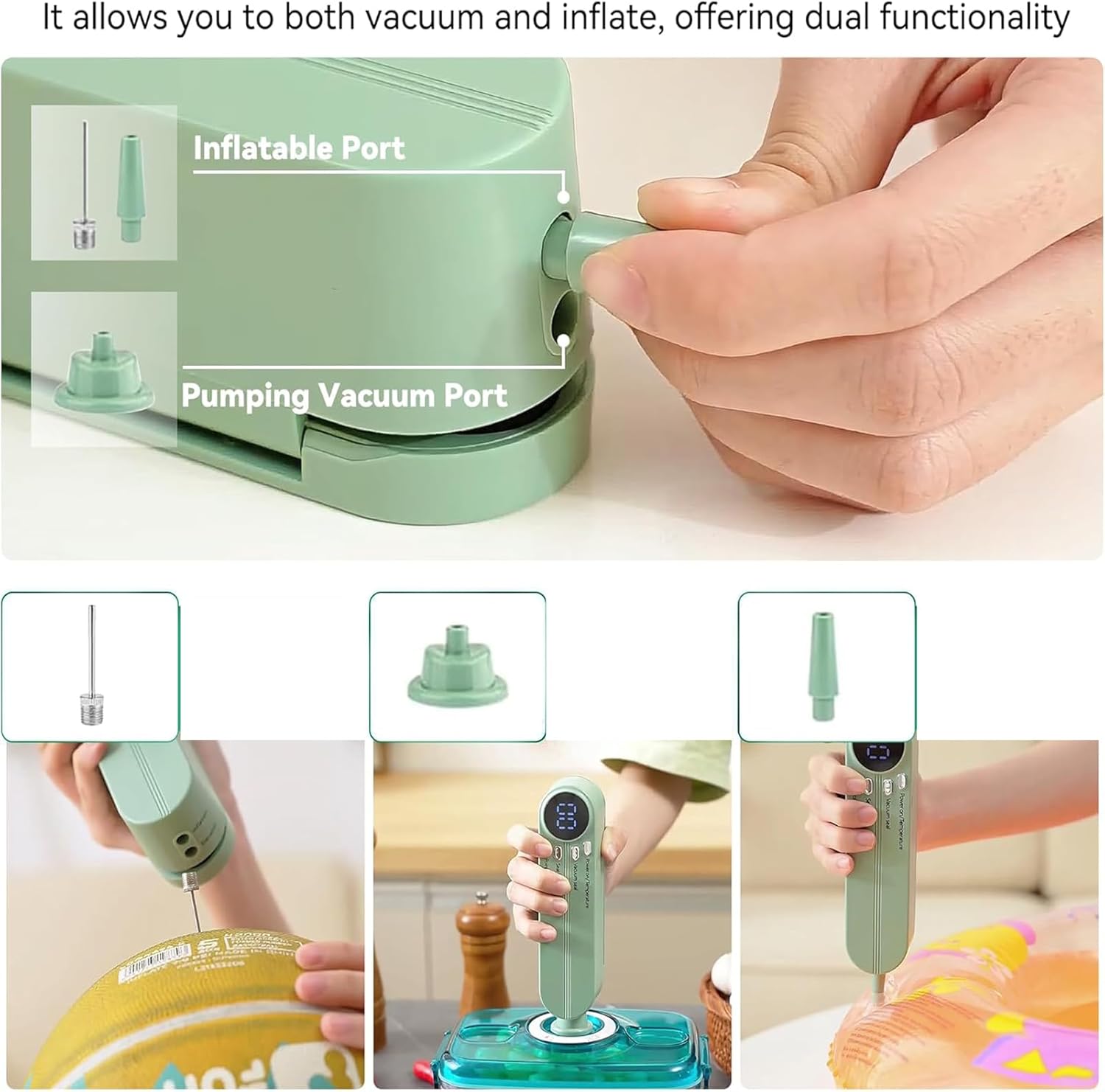 Mini Vacuum Sealer 3 in 1 Cordless Food Sealer for Dry/Moist Food Storage Portable Handheld Heat Vacuum Sealer for Chips Bags Snack Bag Sealing for Home Travel Use External Suction & Inflation（green）
