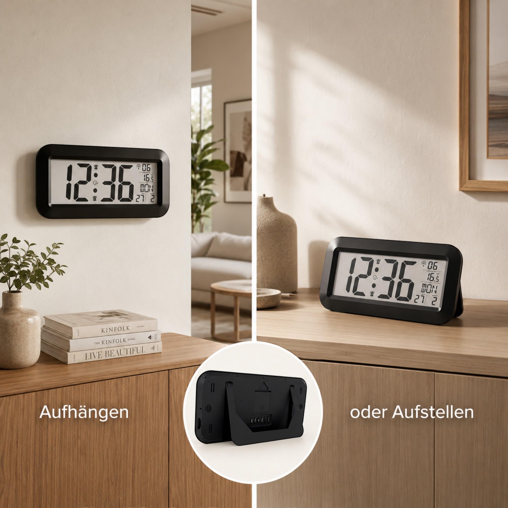 Mebus große Digitale Funkwanduhr mit XXL Ziffern | 42 x 20cm, DCF77 Funkuhr | Datum, Wochentag & Temperatur, 2 Weckzeiten mit Schlummerfunktion, perfekt für Büro, Werkstatt, Senioren | Tischuhr schwarz