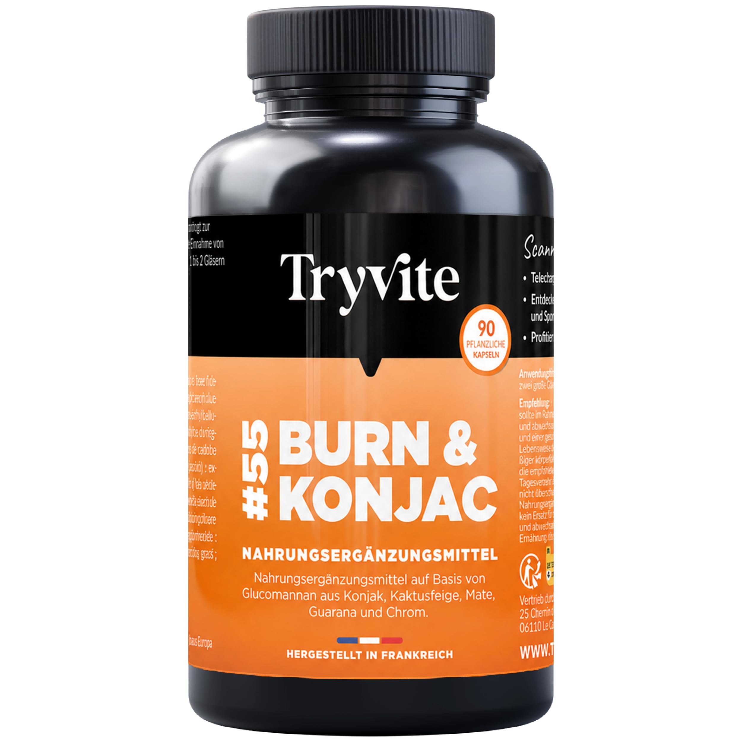 TRYVITE Konjac – Silhouetten-Routine mit Konjak, Nopal, Mate, Guarana & Chrom – Kapseln vor den Mahlzeiten für portionsbewusste Essgewohnheiten – 90 vegane Kapseln