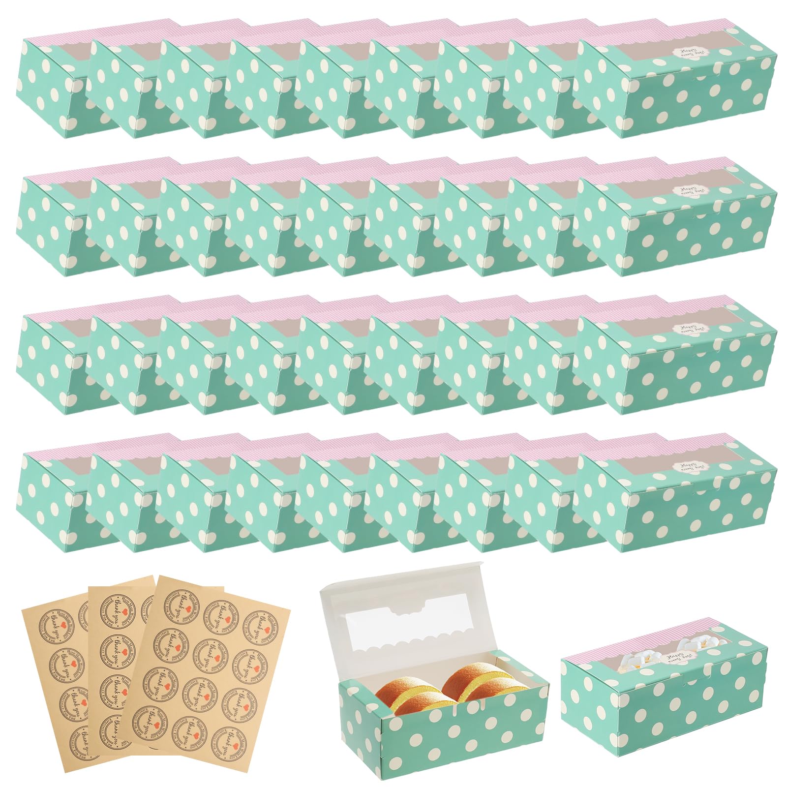 ZHXGO 36Pcs Mini Windowed Cupcake Boxes 14 X 7 X 5 cm, 2 Hole Cake Cookie Paper Boxes, Sturdy Bakery Cake Box with Thank You Stickers, Paper Cupcake Box for Muffin Donuts Chocolate Candies