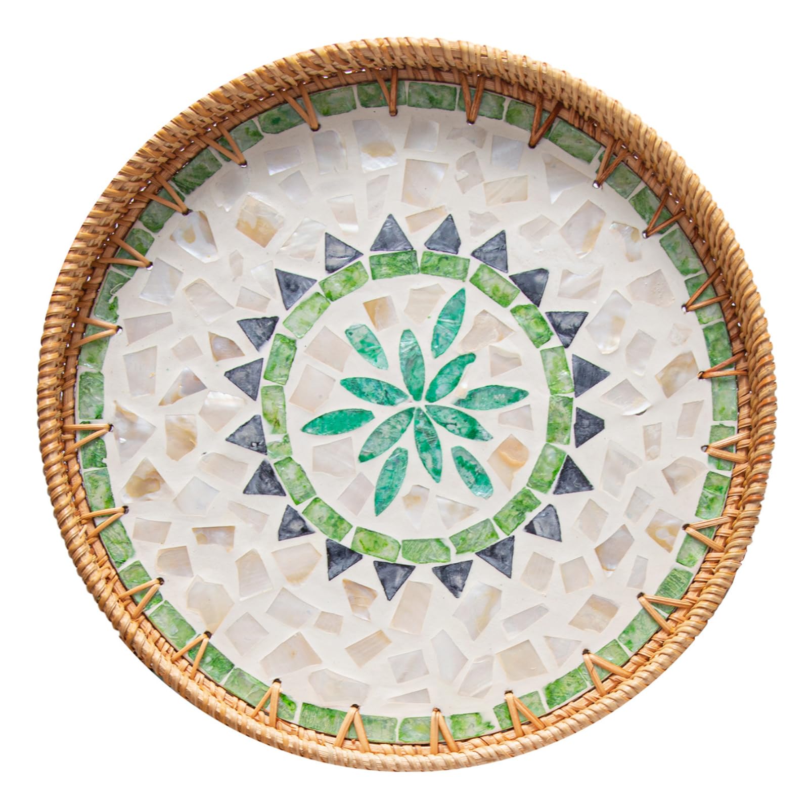 Photo 1 of 14" Large Rattan Serving Tray with Mother of Pearl, Round Coffee Table Tray Decor, Boho Decorative Round Hand-Woven Wicker Home Decor (Galaxy Blue)