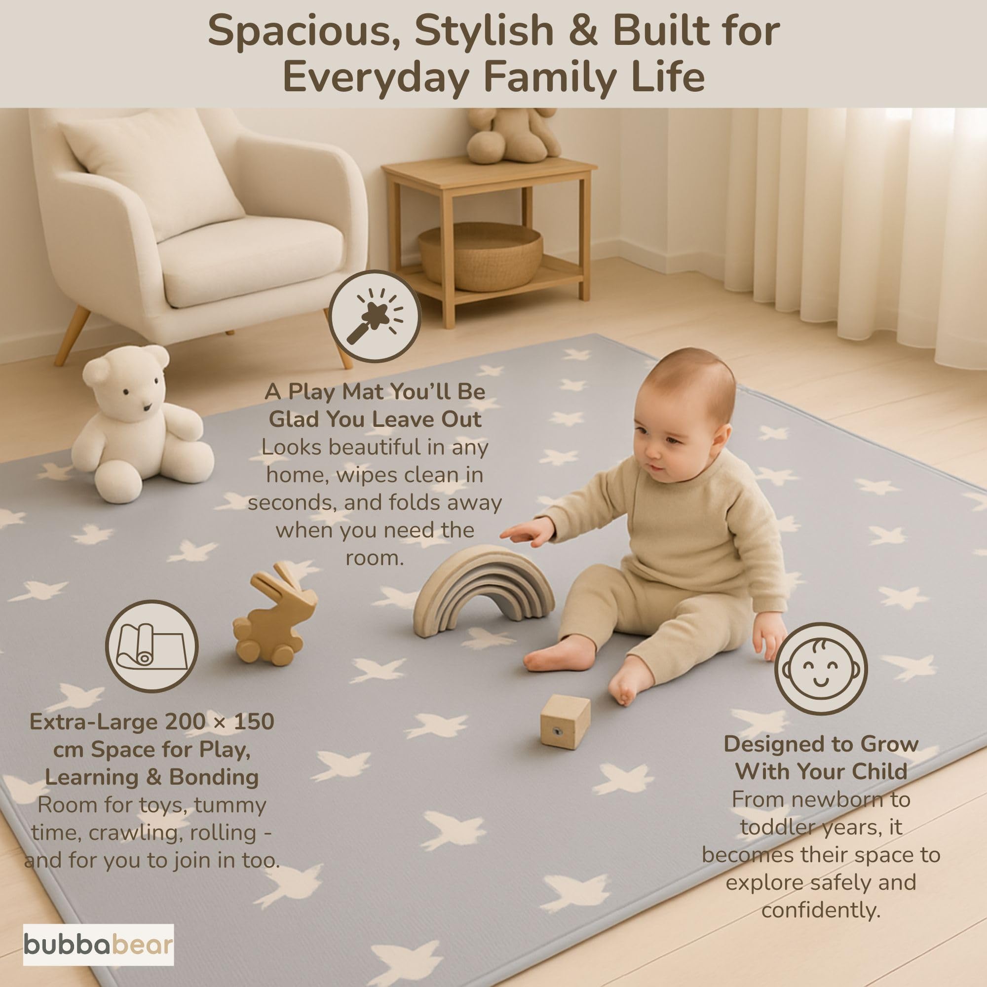 Bubba Bear Babymat, kindermat, speelmat, 200 x 150 x 1 cm, omkeerbaar en niet giftig, dik, opvouwbaar, waterdicht schuim, kindertapijt, kruipmat, speeltapijt, vloermat, kindermat, baby