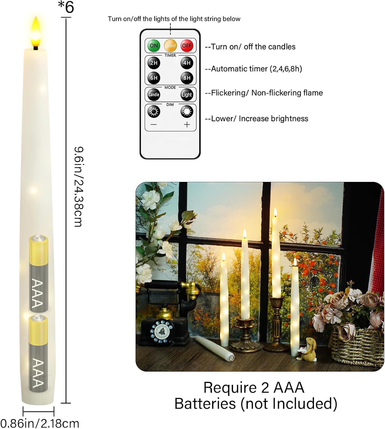 Nimiko Flameless Taper Candles with Star Lights, Remote Control, and Timer Control, Made of Real Wax, LED Battery-Powered Candles Suitable for Home, Party, and Wedding Decorations 6-Pack Ivory