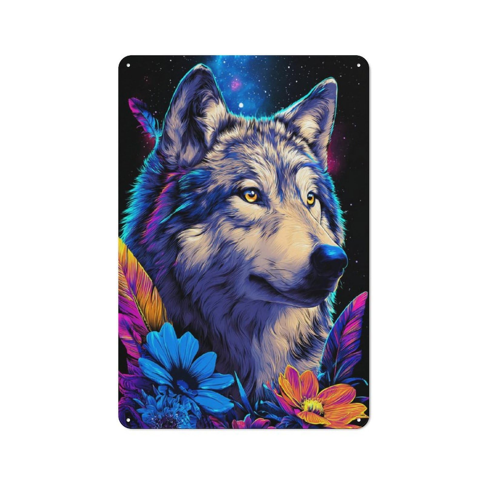 Junmoney Galactic Wolf With Flowers Vintage Metal Sign With Design 30X20cm, Vintage Restaurant Wall Art For Coffee Bar, Small Shop Or Dining Room