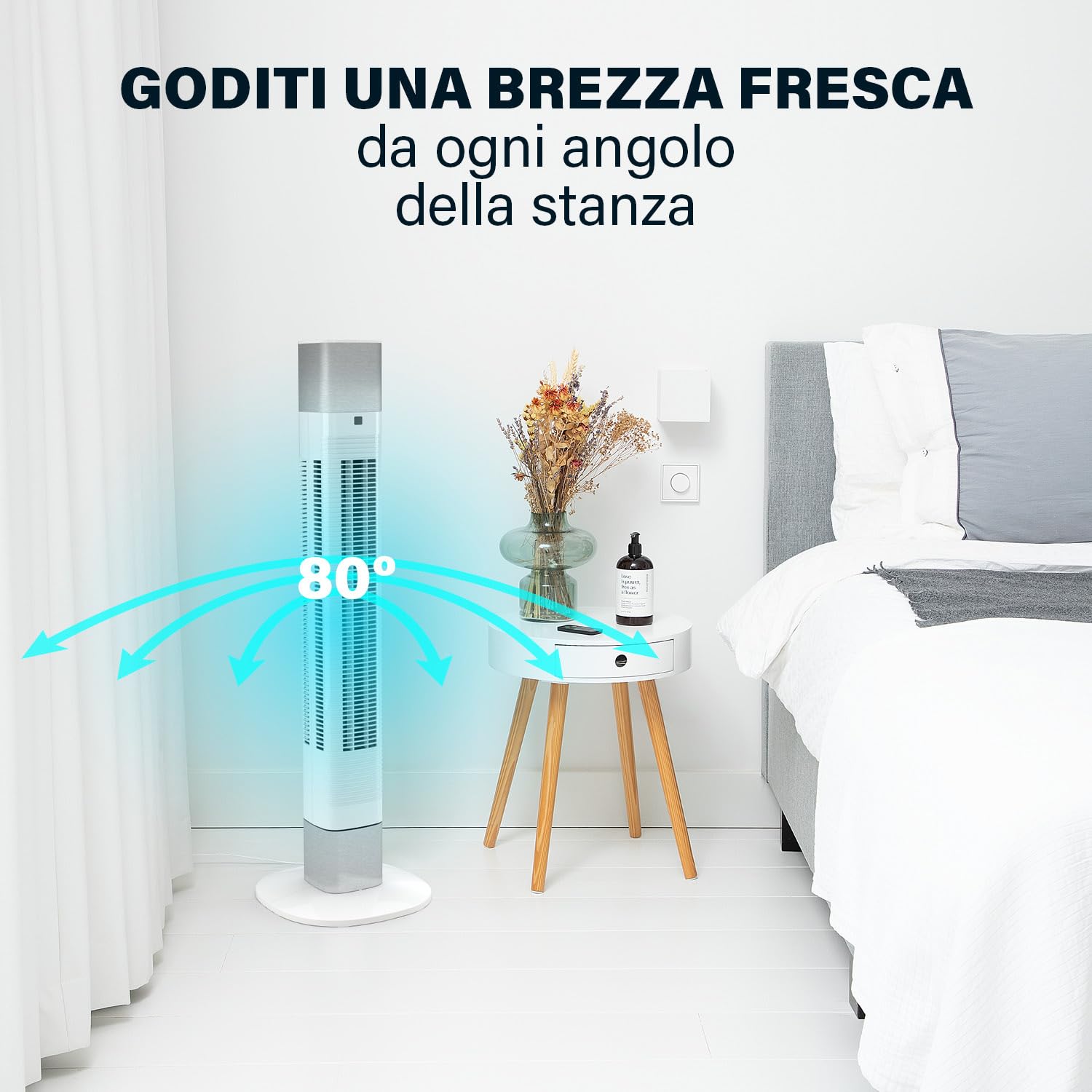 Princess Ventilatore a colonna silenziosa, altezza 103 cm, 3 modalità e 3 velocità, oscillazione, collegato, bianco