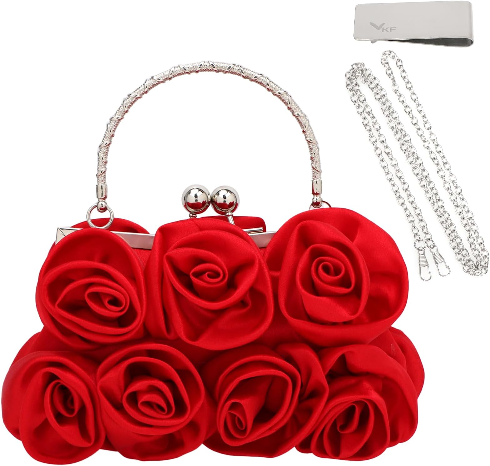 kiloflyRose Clutch Evening Purse Satin Small Bag with Detachable Strap Money Clip