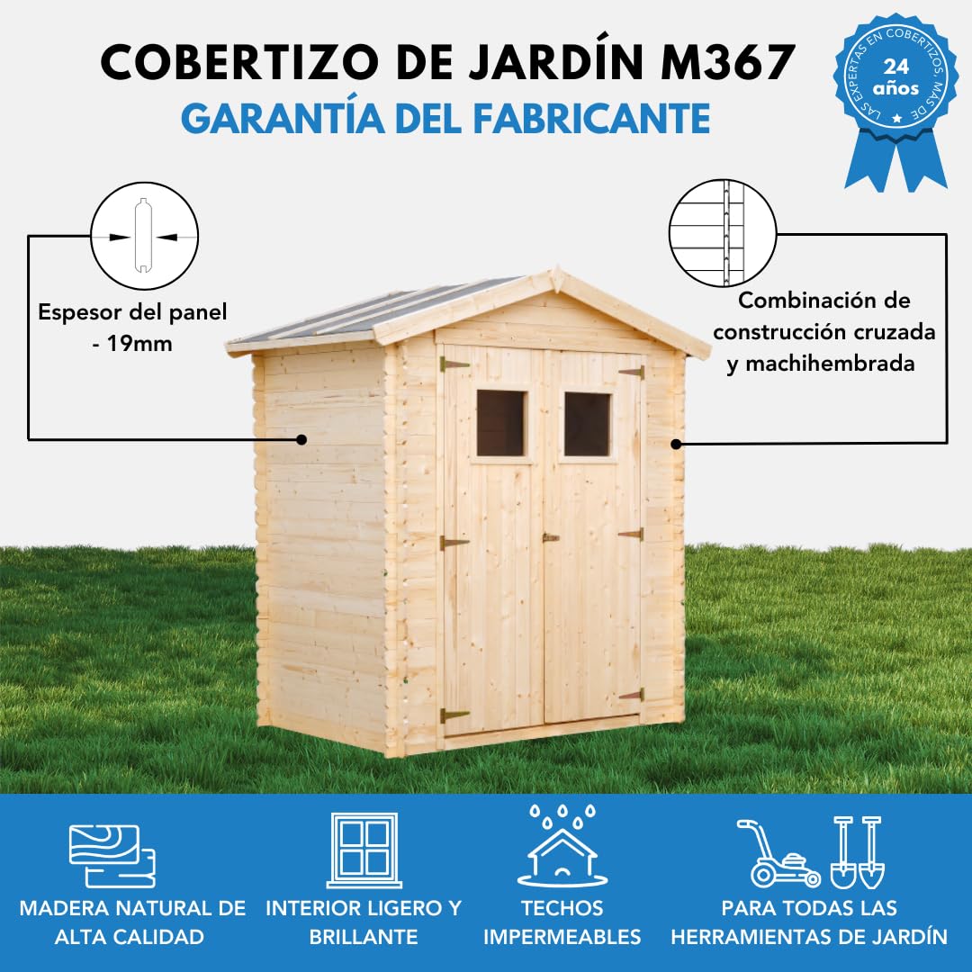 Cobertizo de Madera para jardín con Suelo TRATADO - 136x196cm/1.98m² Cobertizo de Madera Natural - Taller de Jardín - Bicicleta, Almacenamiento de Herramientas TIMBELA M367+M367G