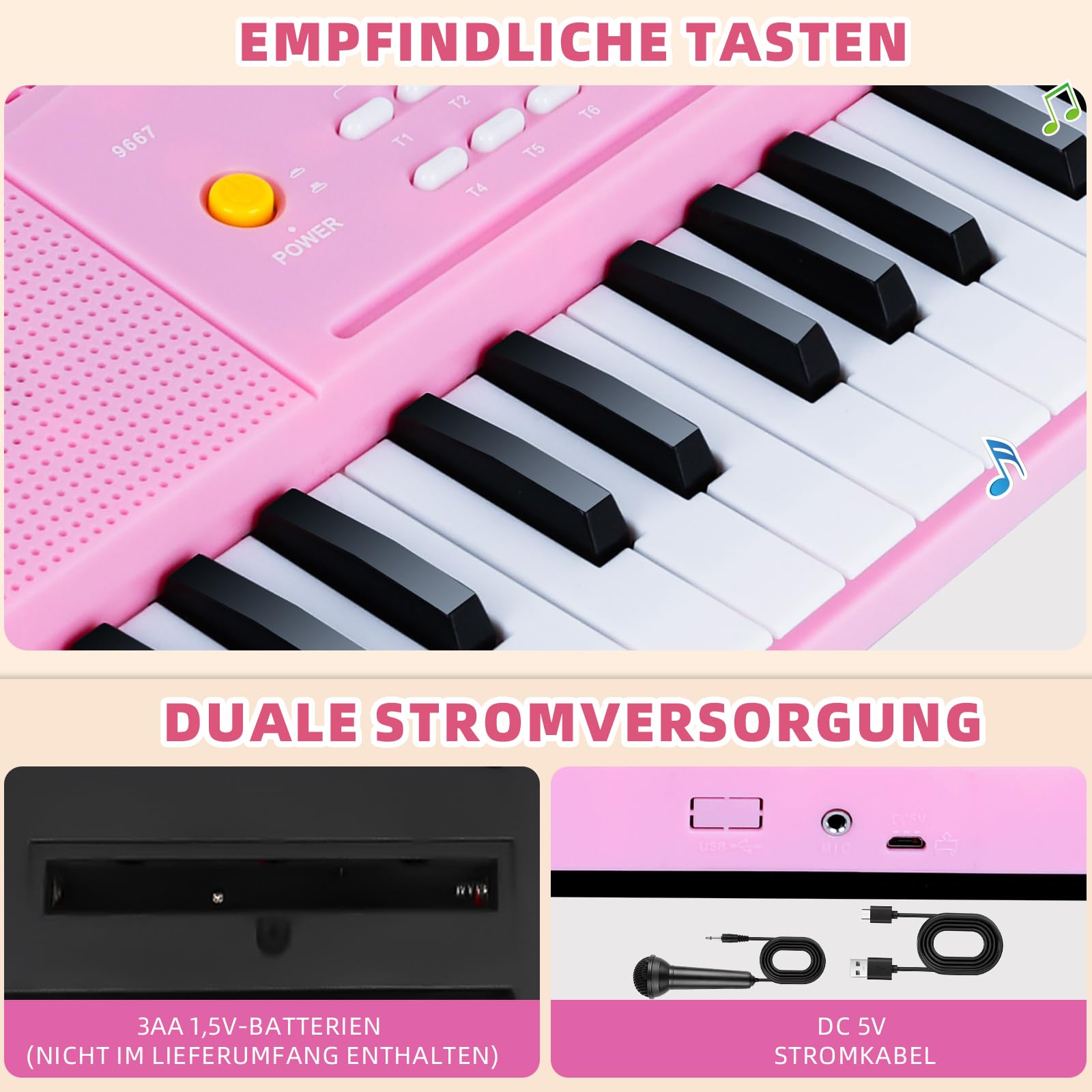 Pianola Bambini Tastiera 37 Tasti, Musicale Elettronica Tastiera con Microfono, Pianola per Bambini Portatile Multifunzione, Music Giocattolo Educativo Regalo per Ragazzi Ragazze 3+Anni