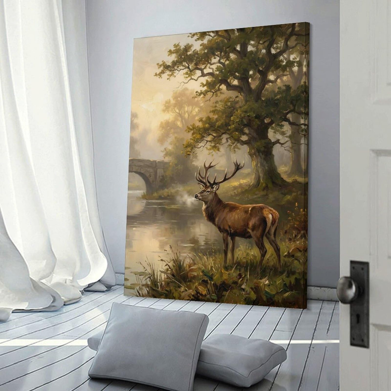 Junmoney Stag by The River Painting Hanging Wall Art, 20x30inch(50x75cm), for New Homes, Bedrooms Or Workspaces, Thoughtful Wall Decor for Art Lovers