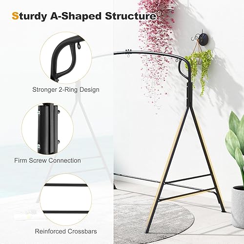 Miniatura 5 de Tangkula Marco de columpio de metal, soporte de columpio para porche con barras laterales adicionales, diseño de 3 anillas, marco de columpio