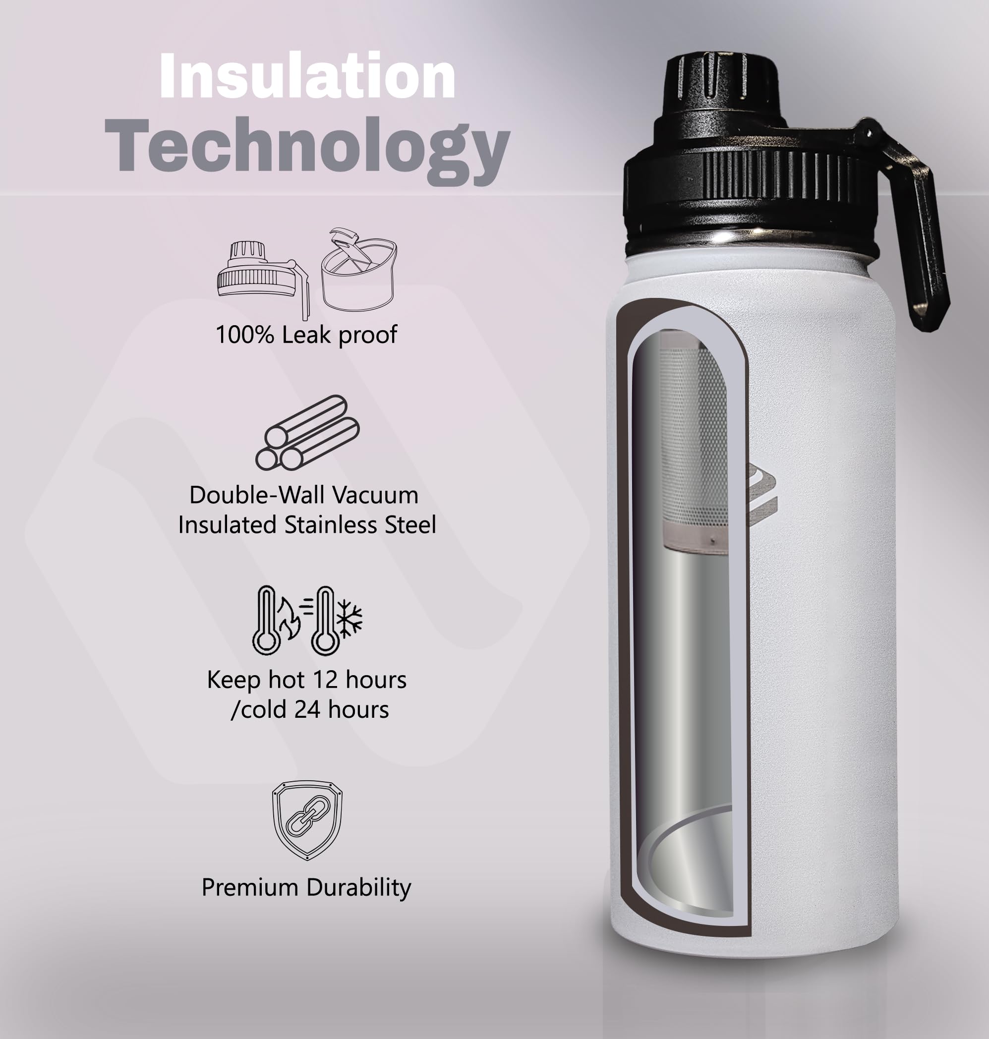 Botella de agua aislada de 20 onzas, 2 tapas e infusor de té, mantiene las bebidas calientes 12 horas y frías 24 horas, acero inoxidable, sin BPA, a prueba de fugas (blanco)