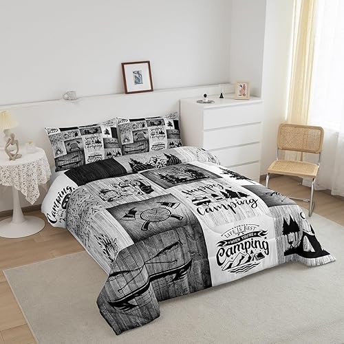 Miniatura 8 de Juego de ropa de cama con temática de cámper, juego de edredón de cabaña de madera marrón y verde, tamaño matrimonial, 3 piezas, decoración de
