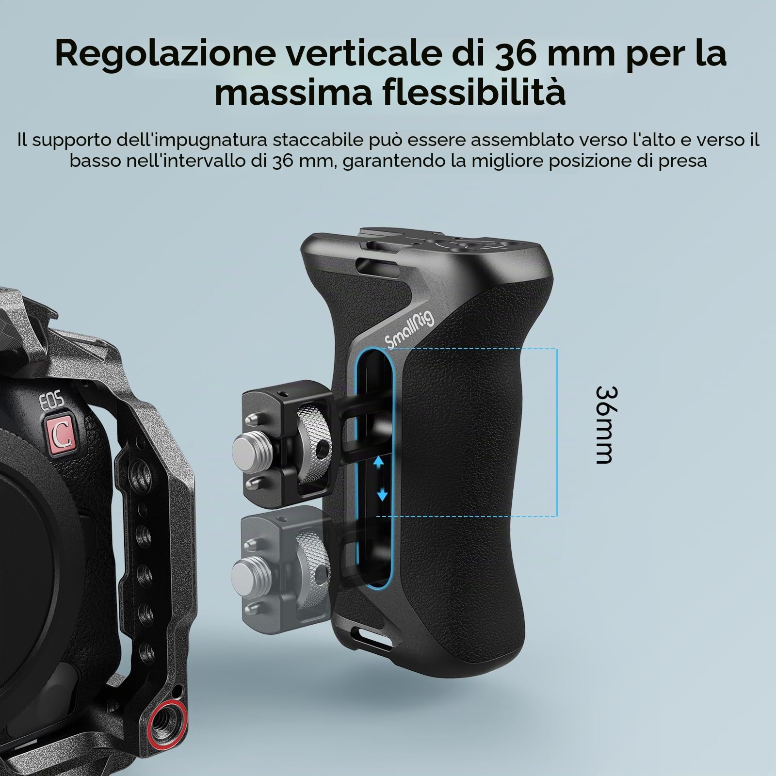 SMALLRIG Locating Side Handle con 3/8'' Screw per ARRI-Style, 36 mm Regolabile Su/Giù, Impugnatura Ergonomica Laterale per Gabbie per Fotocamere, con Foro per Cinghia Integrato - 4016