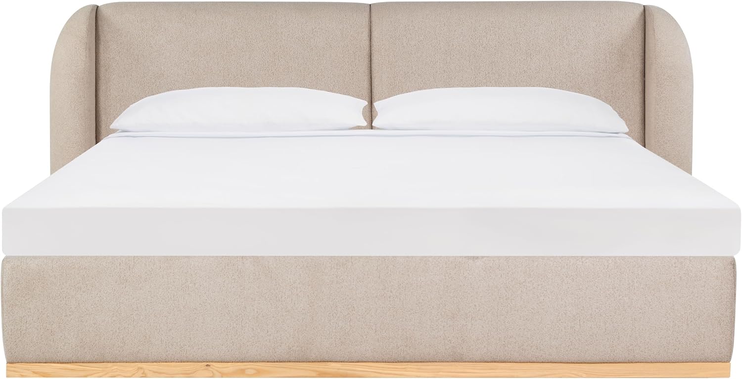 SAFAVIEH Couture Collection - Martyna Light Brown Upholstered Queen Bed with Curved Headboard, No Box Spring Needed (SFV6112B-Q)