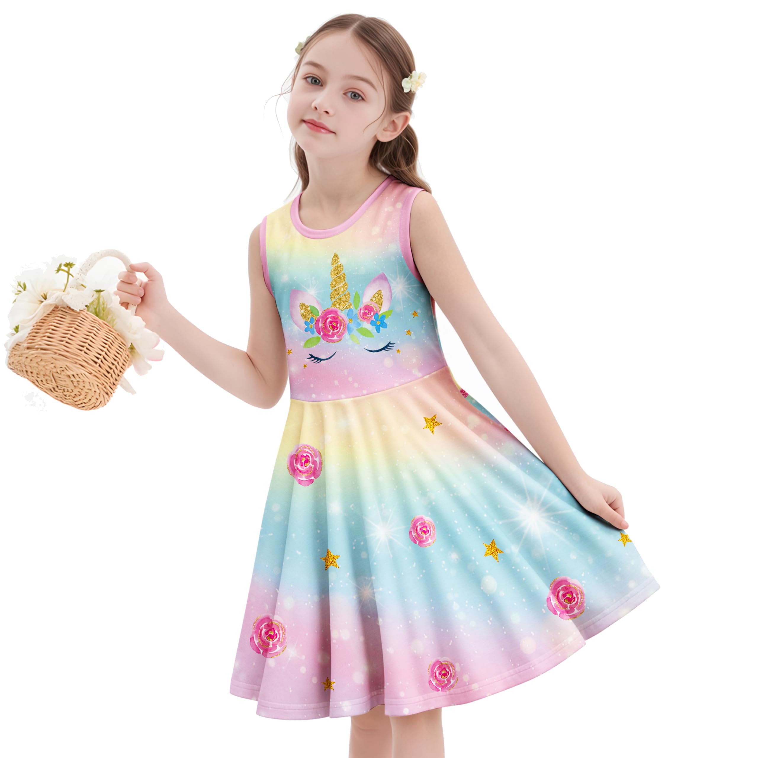 LQSZ Unicorn Dress Girls Kids Summer Sleeveless Sundress Birthday Outfit Twirly School Party Clothes 3-12 Years