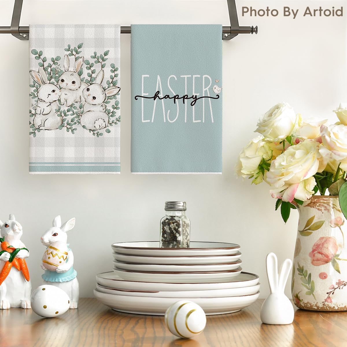 Artoid Mode Buffalo Plaid Bunny Rabbit Eucalyptus Leaves Happy Easter Kitchen Towels Dish Towels, 18x26 Inch Seasonal Spring Decoration Hand Towels Set of 4 Blue