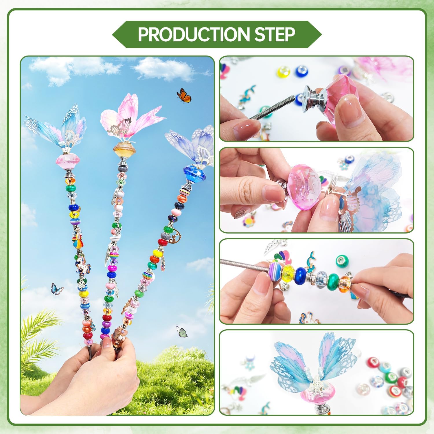 KUKKUME 252PCS DIY Fairy Wand Kit Garden Bead Stakes with 8 Diamond Stopper Tops 200 Colorful Beads 20 Pendants 8 Dancing Butterfly for Indoor Outdoor Plant Flower Pot Décor
