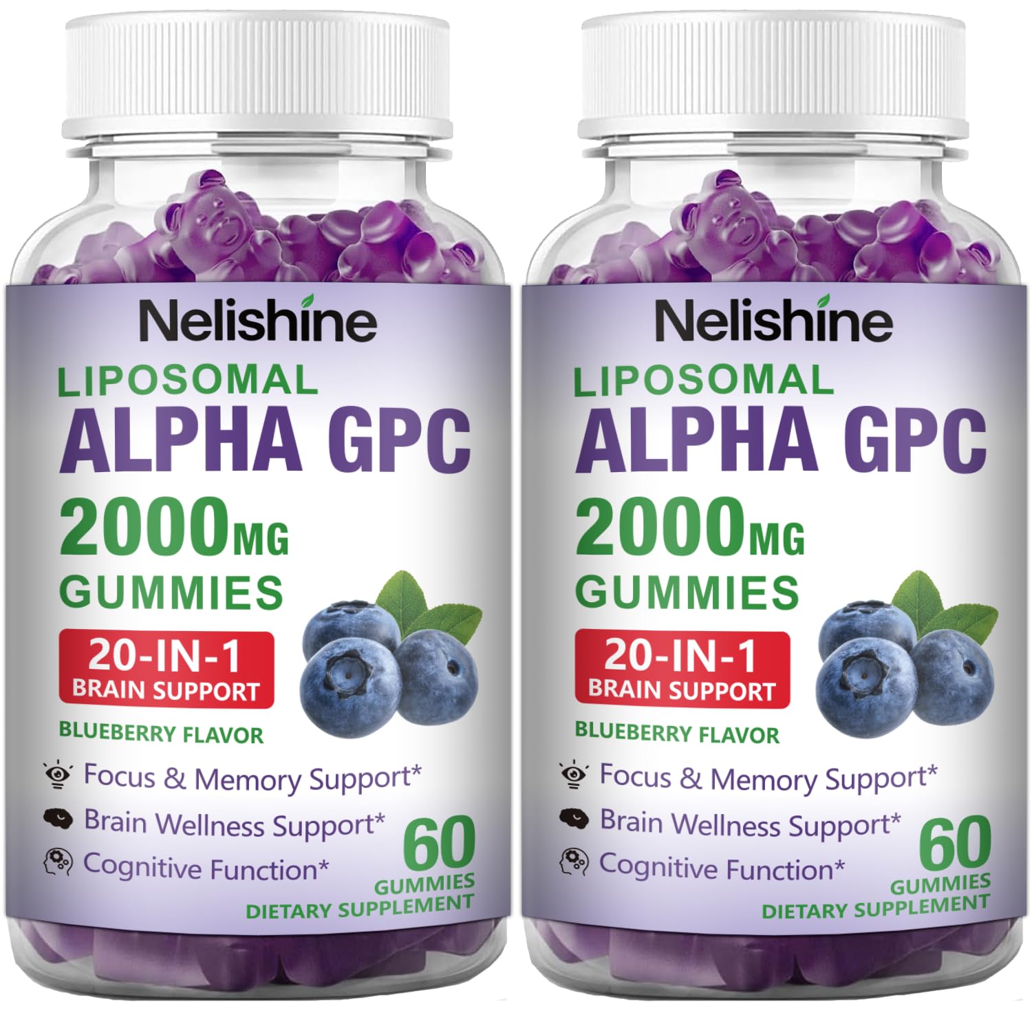 2 Pack Liposomal Alpha GPC 2000mg & Citicoline Gummies Complex Phosphatidylserine,Ginkgo Biloba,L-Tyrosine,Huperzine A & B Vitamins,20-in-1 Blend for Focus, Memory & Cognitive Support