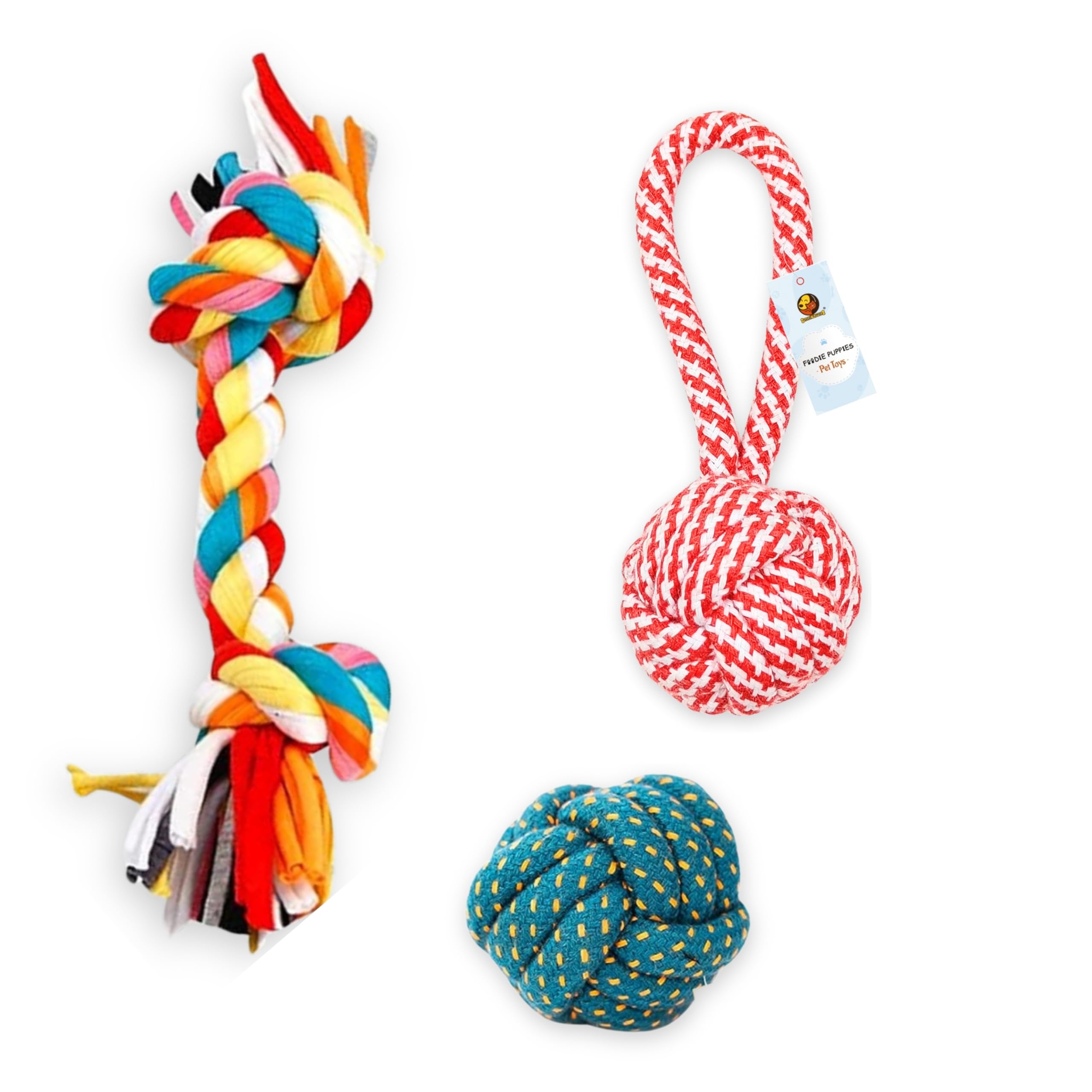 Foodie Puppies Dog Chew Cotton Rope Toys 3in1 Combo for Small Dogs & Puppies (2Knot + Cotton Ball + Handle Rope) Knotted Chewing Dog Ropes Toy for Playing, Teeth Cleaning & Training (Color May Vary)