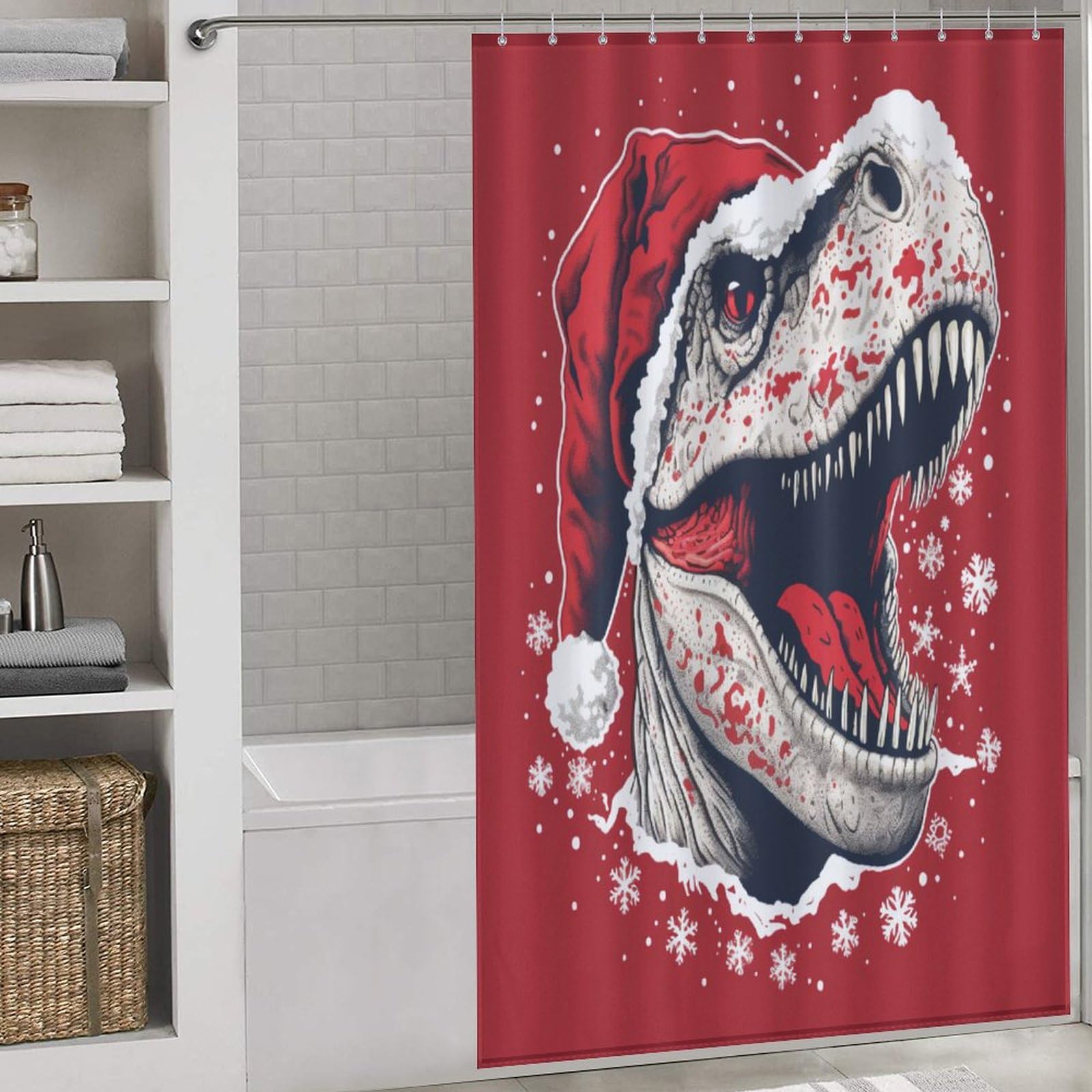 Rideau de douche Noël dinosaure 140x183cm pour égayer la salle de bain des enfants