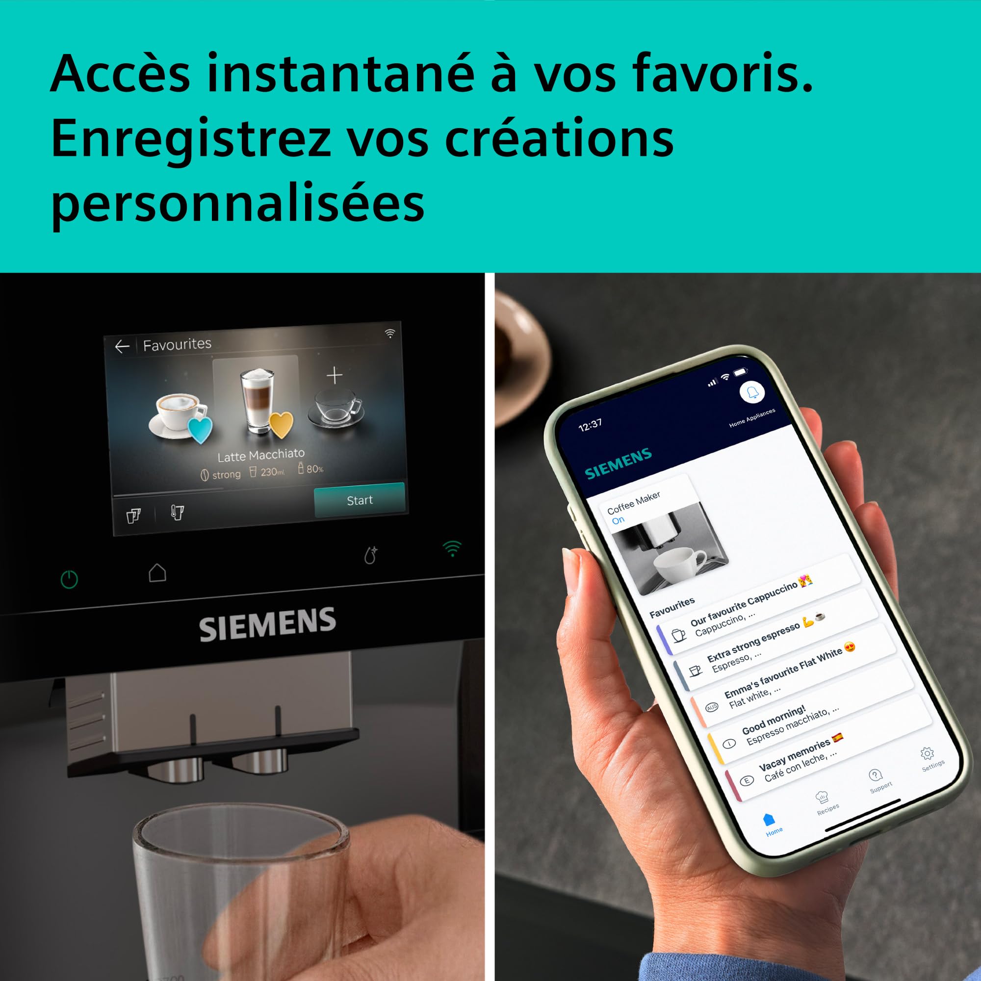 SIEMENS Machine à café entièrement automatique, EQ700 iAroma, écran tactile, Cold Brew et Slow Brew, application Home Appliances, morning haze, TP725E01