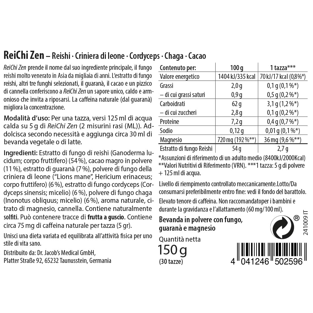 ReiChi Zen I 70% di funghi pregiati: Reishi, Chaga, Cordyceps, “Criniera di leone” I Caffè ai funghi I Caffeina dal guaranà I Magnesio per i nervi e la psiche* I vegano, senza additivi I 150 g, 30 taz