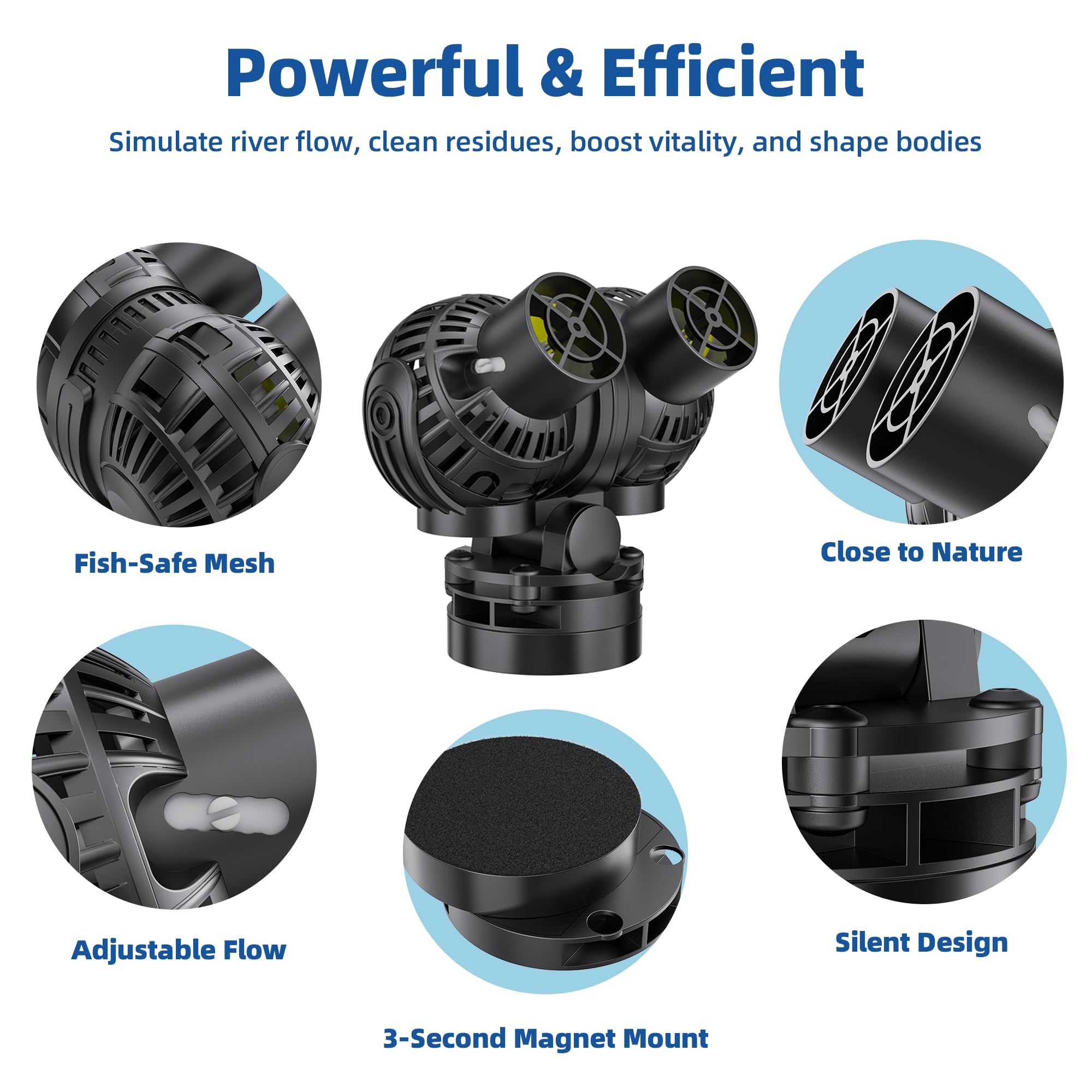 Aysoner Pompa Wave Maker per acquario: 55/75/125Gallon Magnetic Fish Tank Powerhead per acqua salata d'acqua dolce 1600GPH 8W Pompa regolabile per pesci