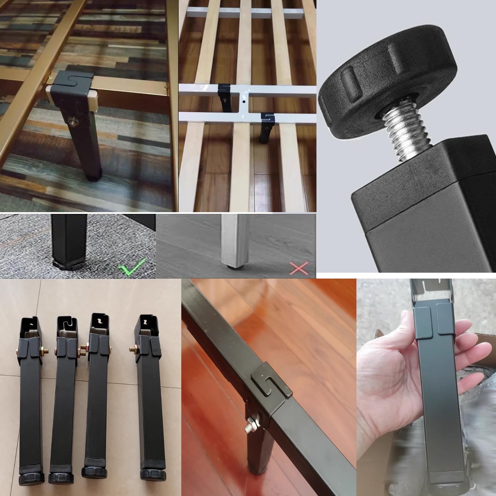 4 pièces Noir Pieds de Meubles en métal pour Sommier à Lattes réglables de Squelette de Support de lit Les Accessoires de Cadre de lit Peuvent serrer Un Tube (50cm(19.6in),Noir,3x4cm)