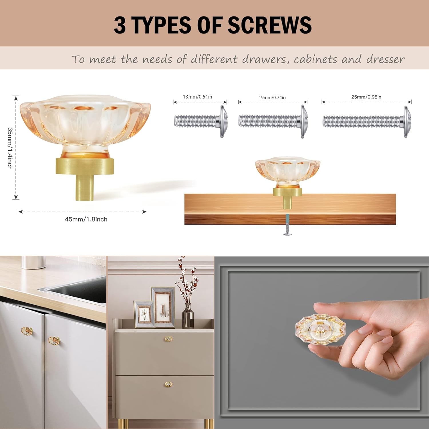 16 Pack Champagne Crystal Knobs for Dresser Drawer Oval Glass Cabinet Knobs and Pulls with Satin Brass/Brushed Gold Base