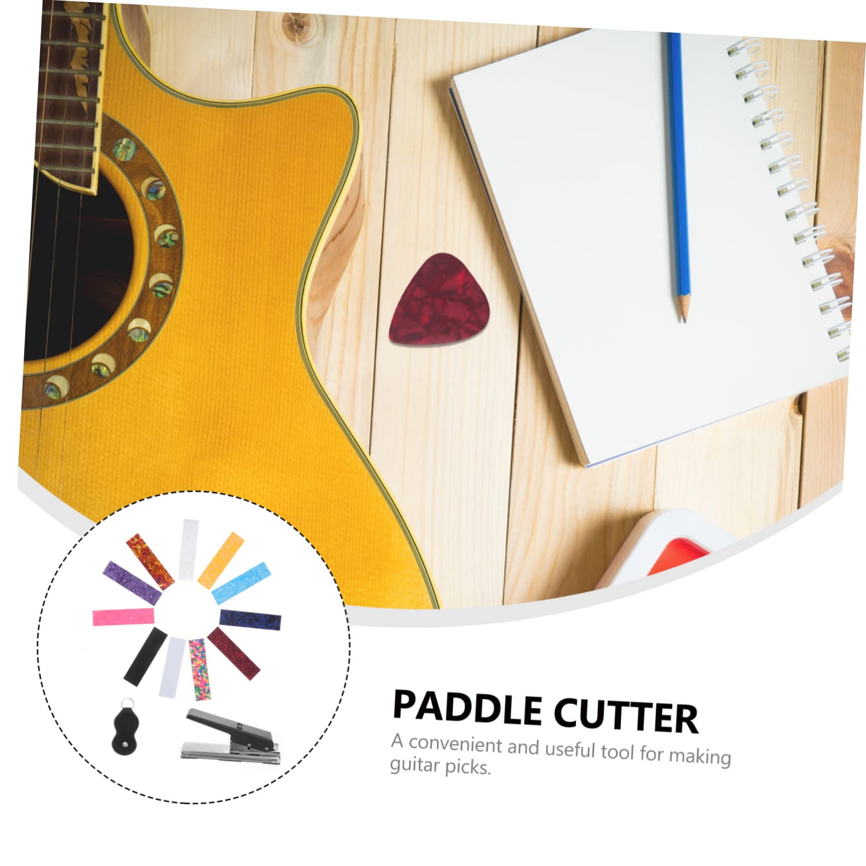 Kit Troquelador de Púas de Guitarra para Bricolaje, Juego B, 29 Piezas | Incluye Troqueladora, Clip, 2 Tiras y 25 Celuloide Lisa, sin Rebabas, Compacta, Resistente al Óxido